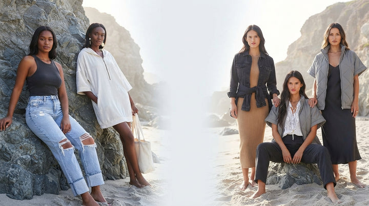 A diverse group of women wearing stylish casual clothing including jeans, a knit dress, and a quilted coat in a coastal setti